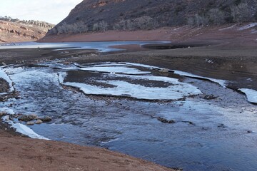 Closeup of a frozen puddle on the ground on a winter day