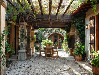 A pergola in the courtyard of a house, with garden furniture 