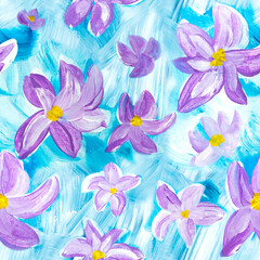 Seamless pattern of abstract painting purple flowers, original hand drawn, impressionism style, color texture, brush strokes of paint,  art background. - 775029962