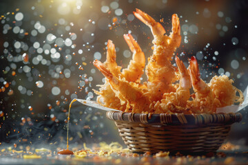 Delicious crispy tempura shrimp with oil splashes on a basket plate with a blurred background.