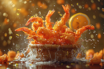 Delicious crispy tempura shrimp with oil splashes on a basket plate with a blurred background.