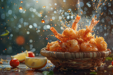 Delicious crispy tempura shrimp with oil splashes on a basket plate with a blurred background.