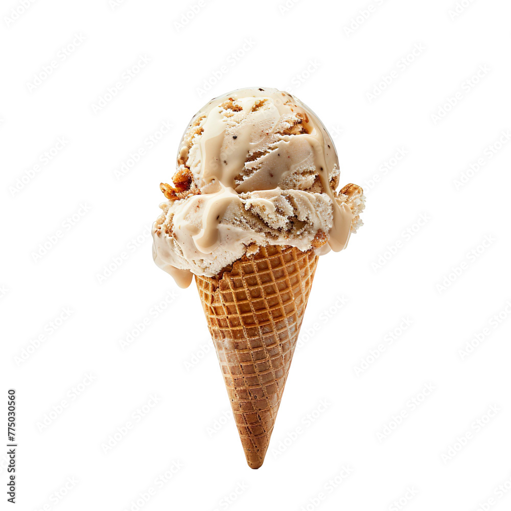 Wall mural front view of a delicious looking single caramel apple crisp ice cream scoop on a cone levitating in