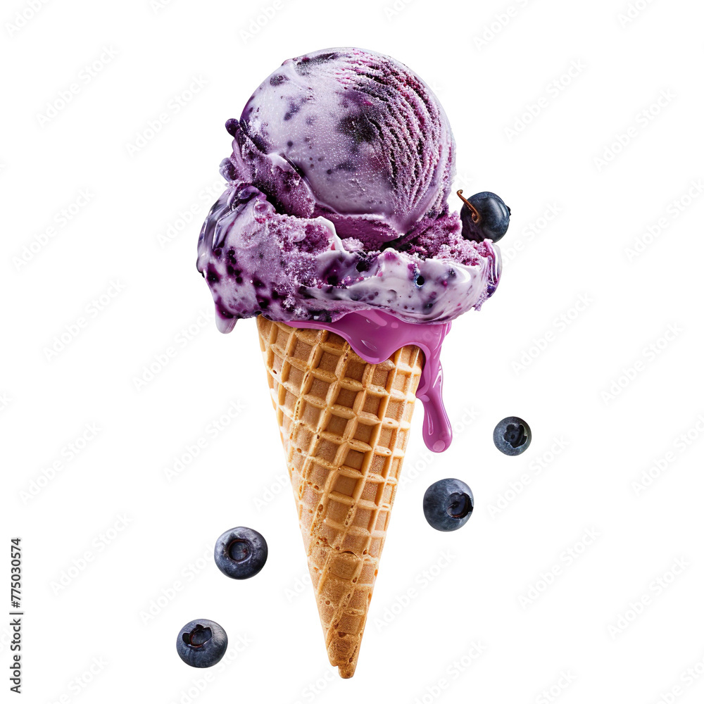 Wall mural front view of a delicious looking single blueberry cheesecake swirl ice cream scoop on a cone levita