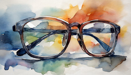 Watercolor painting of pair of eye glasses. Abstract hand drawn art.