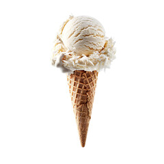 Front view of a delicious looking single coconut ice cream scoop on a cone levitating in the air isolated on a white transparent background