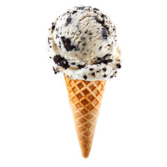 Front view of a delicious looking single cookies and cream ice cream scoop on a cone levitating in the air isolated on a white transparent background