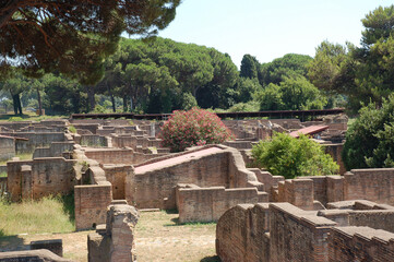 Ancient historical ruins of the Ostia Antica archaeological site in Italy