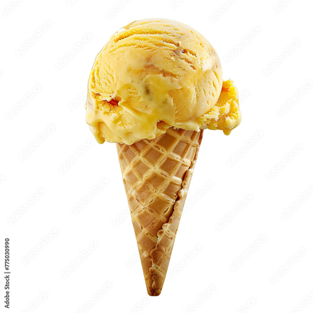 Wall mural front view of a delicious looking single mango pineapple swirl ice cream scoop on a cone levitating 
