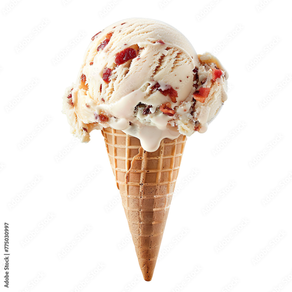 Wall mural front view of a delicious looking single maple bacon ice cream scoop on a cone levitating in the air