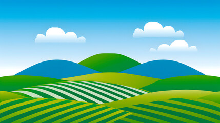 Obraz premium Digital cartoon illustration of rolling green hills with striped agricultural fields under a blue sky. 