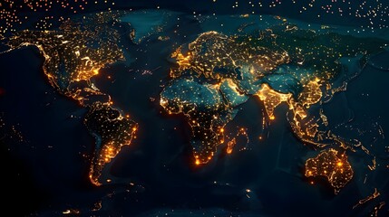 Captivating World Map Illuminated by Thousands of Glowing Lights Showcasing Population Density and the Beauty of Human Settlement - obrazy, fototapety, plakaty
