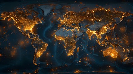 Glowing World Map Representing Population Density and Human Settlement - obrazy, fototapety, plakaty