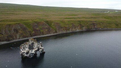 Landscape scene of Hvitserkur rocky basalt stack along the shore of the peninsula, Iceland