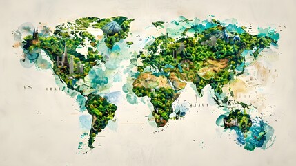 Colorful Illustrated World Map Showcasing Earth's Diverse Ecosystems and Biodiversity