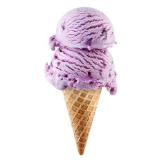 Front view of a delicious looking single lavender lemon swirl ice cream scoop on a cone levitating in the air isolated on a white transparent background