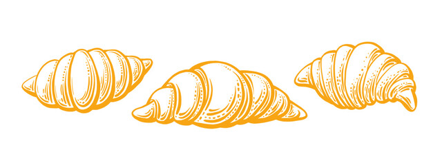 Croissant. Hand drawn vector set.  Breakfast snack