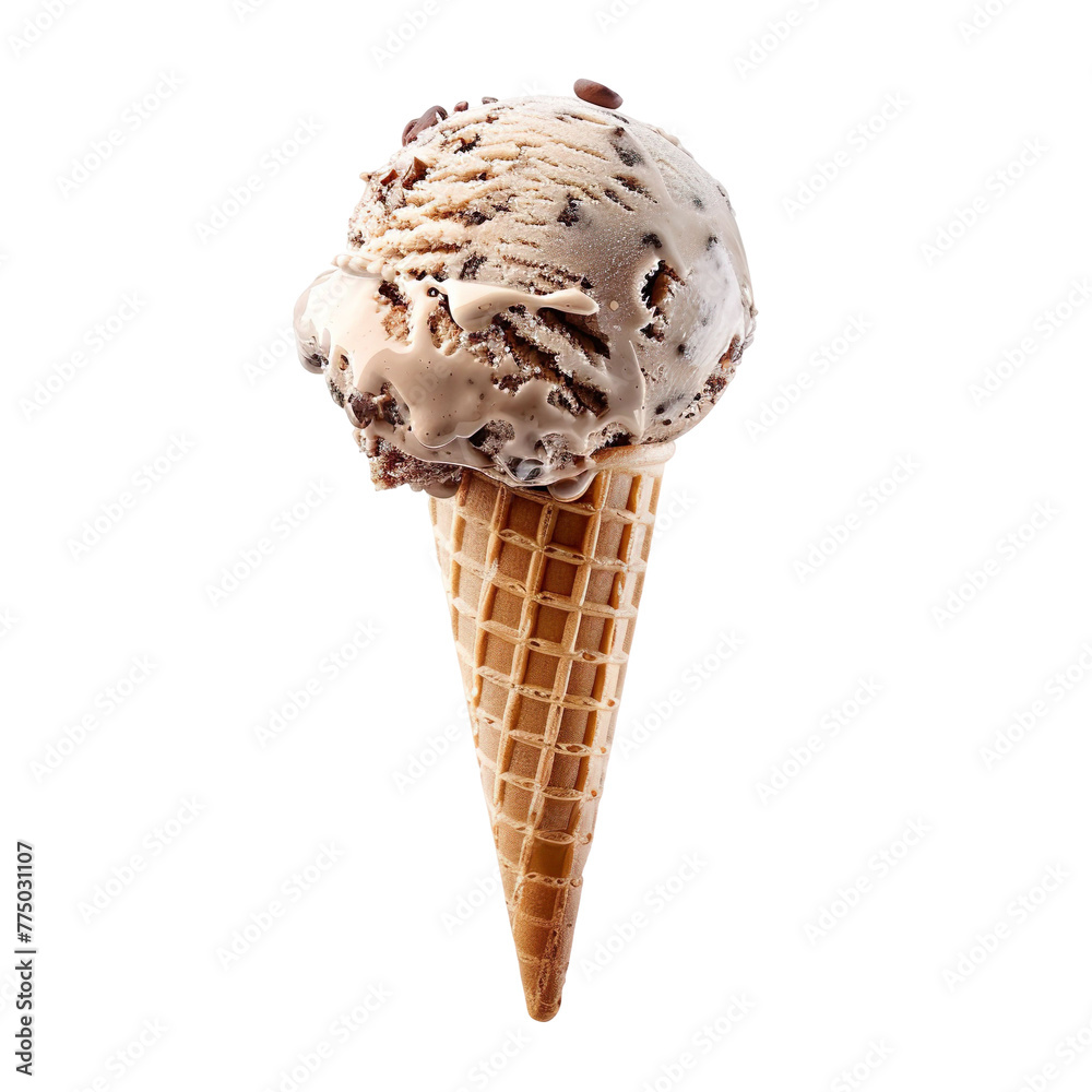 Wall mural front view of a delicious looking single mocha hazelnut crunch ice cream scoop on a cone levitating 