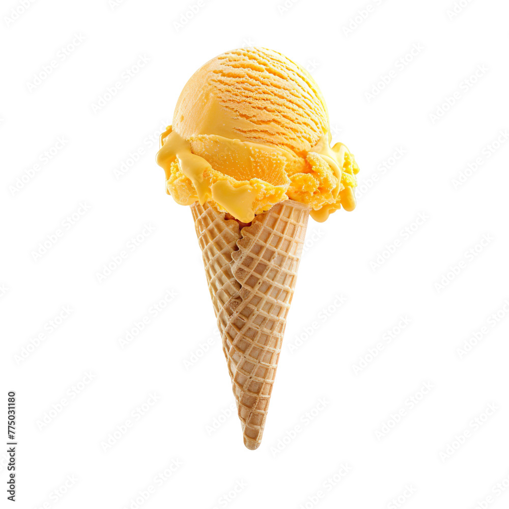 Wall mural front view of a delicious looking single peach mango swirl ice cream scoop on a cone levitating in t