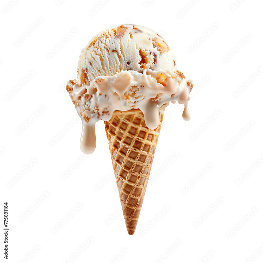 Wall mural front view of a delicious looking single peach cobbler ice cream scoop on a cone levitating in the a