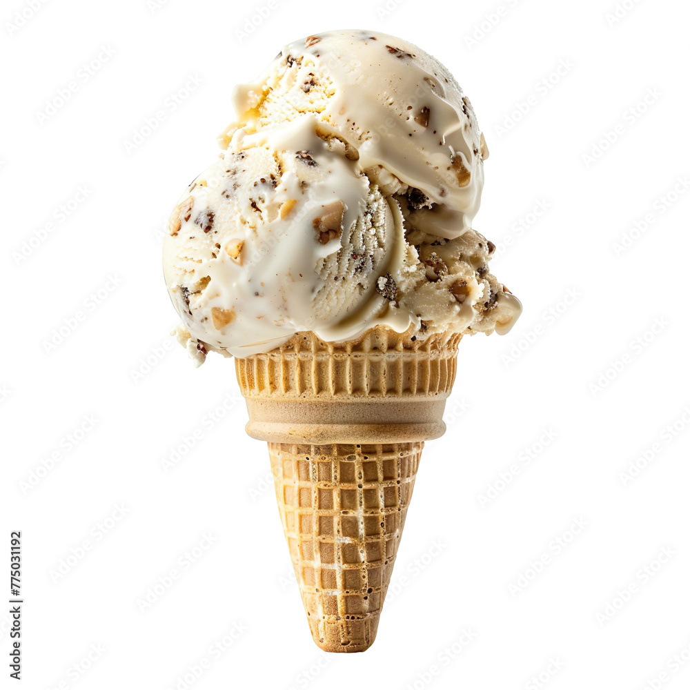 Wall mural front view of a delicious looking single peanut butter banana split ice cream scoop on a cone levita