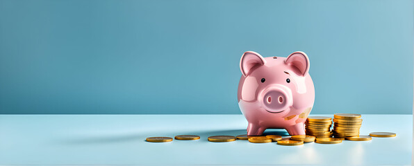 Sad and worried pink pig piggy bank next to a few gold coins, isolated on blue background. Investment failure, bankruptcy concept - Generative AI
