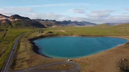 Drone shot of the small lake of Graenavatn (Green Lake) on the Reykjanes Peninsula, Iceland