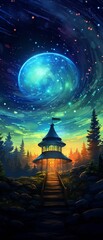 Fototapeta premium Fantastical alien observatory, star-gazing, serene night, wide-angle, celestial wonder