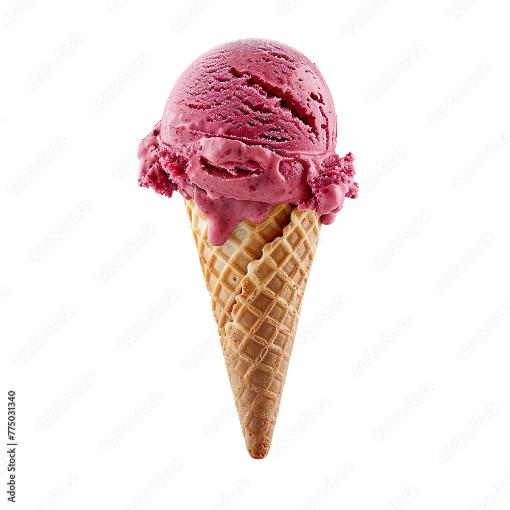 Wall mural front view of a delicious looking single raspberry sorbet ice cream scoop on a cone levitating in th