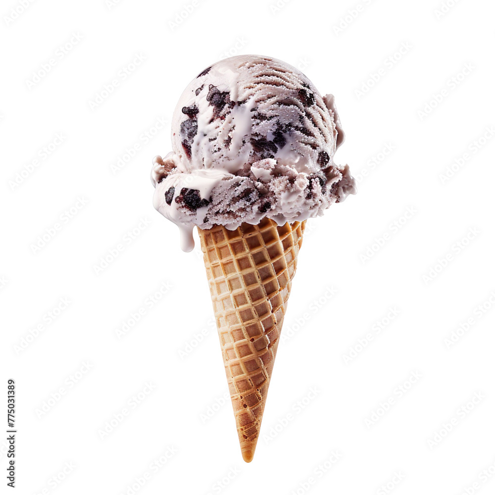Wall mural front view of a delicious looking single taro ice cream scoop on a cone levitating in the air isolat
