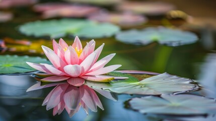 Macro View of Pink Water Lily Amid Green Lily Pads