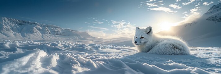 Arctic fox blending in snowy landscape, camouflaged under sunbeams in realistic low angle shot