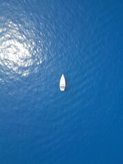 Top view of a boat sailing in the blue lake