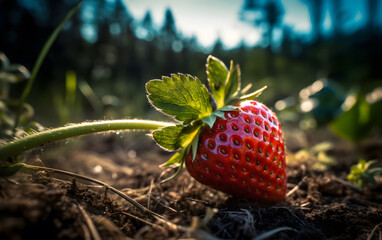 A red strawberry hangs from a tree against a fuzzy garden background.