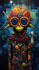 Otherworldly alien marketplace, whimsical goods, eye-level, vibrant hustle, cultural mosaic