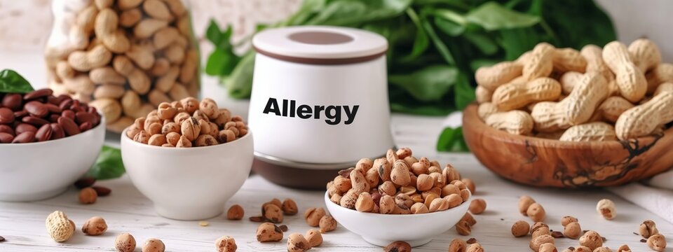 Variety of nuts and legumes on a kitchen counter, allergy awareness setup.