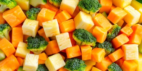 Diced broccoli and carrots in a vibrant display of green and orange, ready for cooking. - obrazy, fototapety, plakaty