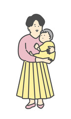 ママと抱っこされる赤ちゃんの全身イラスト
