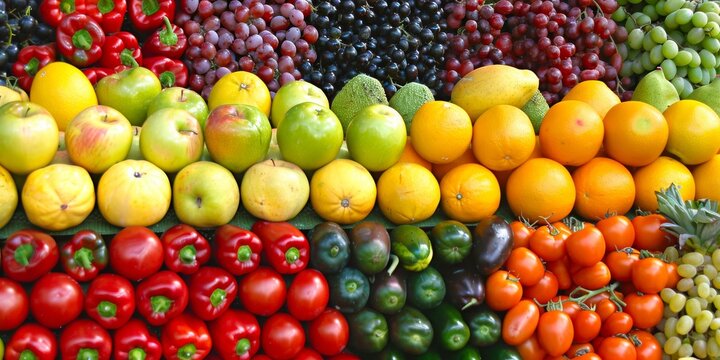 A vibrant display of colorful fruits and vegetables, from ripe tomatoes to fresh citrus.
