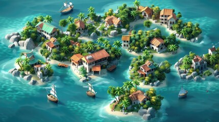 A detailed and colorful isometric map of a tropical island village, complete with lush greenery and sailing boats on turquoise waters. - obrazy, fototapety, plakaty