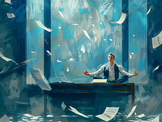 businessman meditating in the lotus posture on a desk in a busy office, with papers flying around him. calm amidst chaos. 
