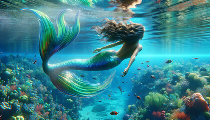 An image of a mermaid gracefully diving underwater, surrounded by the vibrant colors of the tropical sea. The mermaid's tail shimmers in shades of blue and green, reflecting the sunlight that penetrat