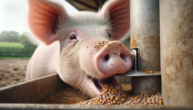 The moment when a pig eats from a feeder. The image is a close-up of the pig's face, with particular attention to the texture of its skin and the moisture of its face.