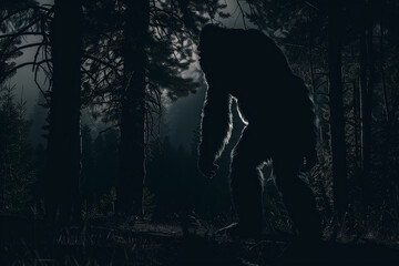 Bigfoot sighting in the dark woods. North American cryptid Sasquatch silhouette in the forest at night.