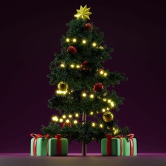 3D rendering of a Christmas tree with gift boxes on purple background