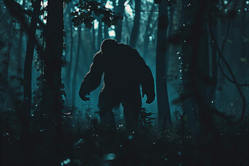 Bigfoot sighting in the dark woods. North American cryptid Sasquatch silhouette in the forest at night. - obrazy, fototapety, plakaty