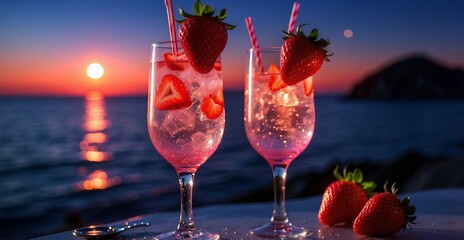 Glasses of wine and strawberries on the background of the seascape - obrazy, fototapety, plakaty