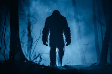 Bigfoot sighting in the dark woods. North American cryptid Sasquatch silhouette in the forest at night.