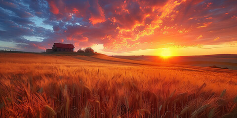 Agricultural grain farm overlooking a wheat field - obrazy, fototapety, plakaty