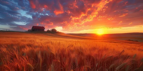Zelfklevend Fotobehang Agricultural grain farm overlooking a wheat field © PHTASH